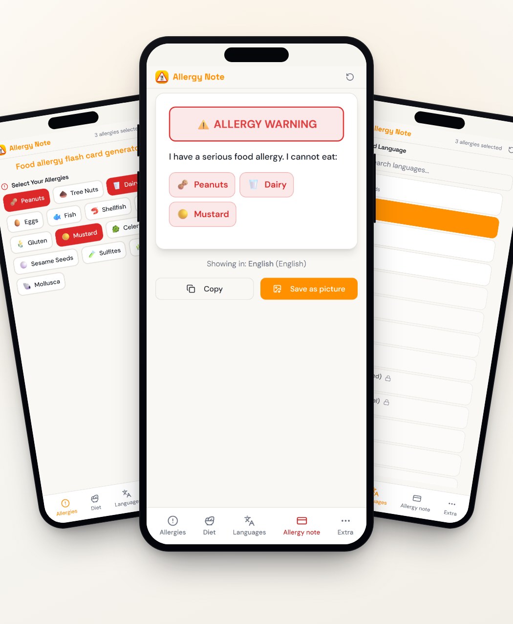 Allergy Note op iPhone — allergieselectie, de gegenereerde allergiekaart en het taalselectiescherm