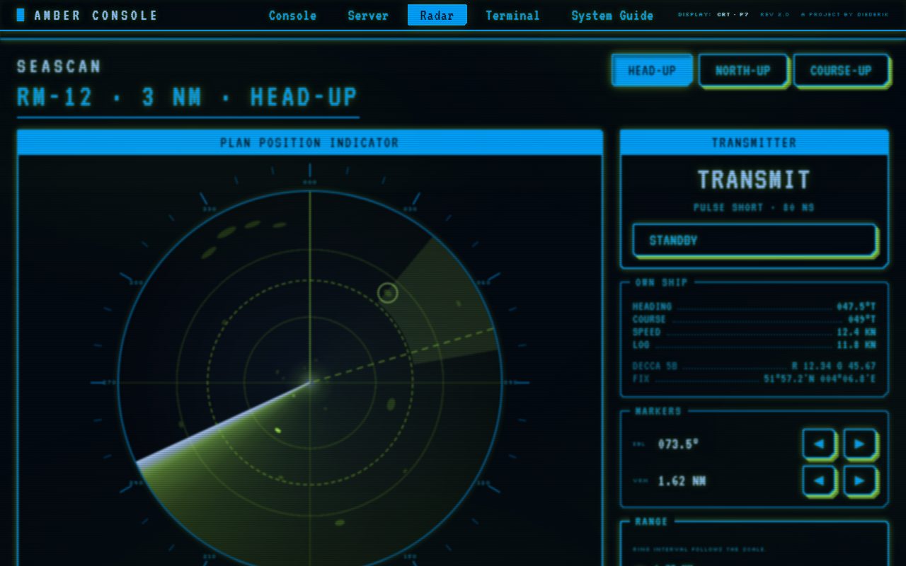 Amber Console — demo van een radarscope in een P7-CRT-fosforpalet
