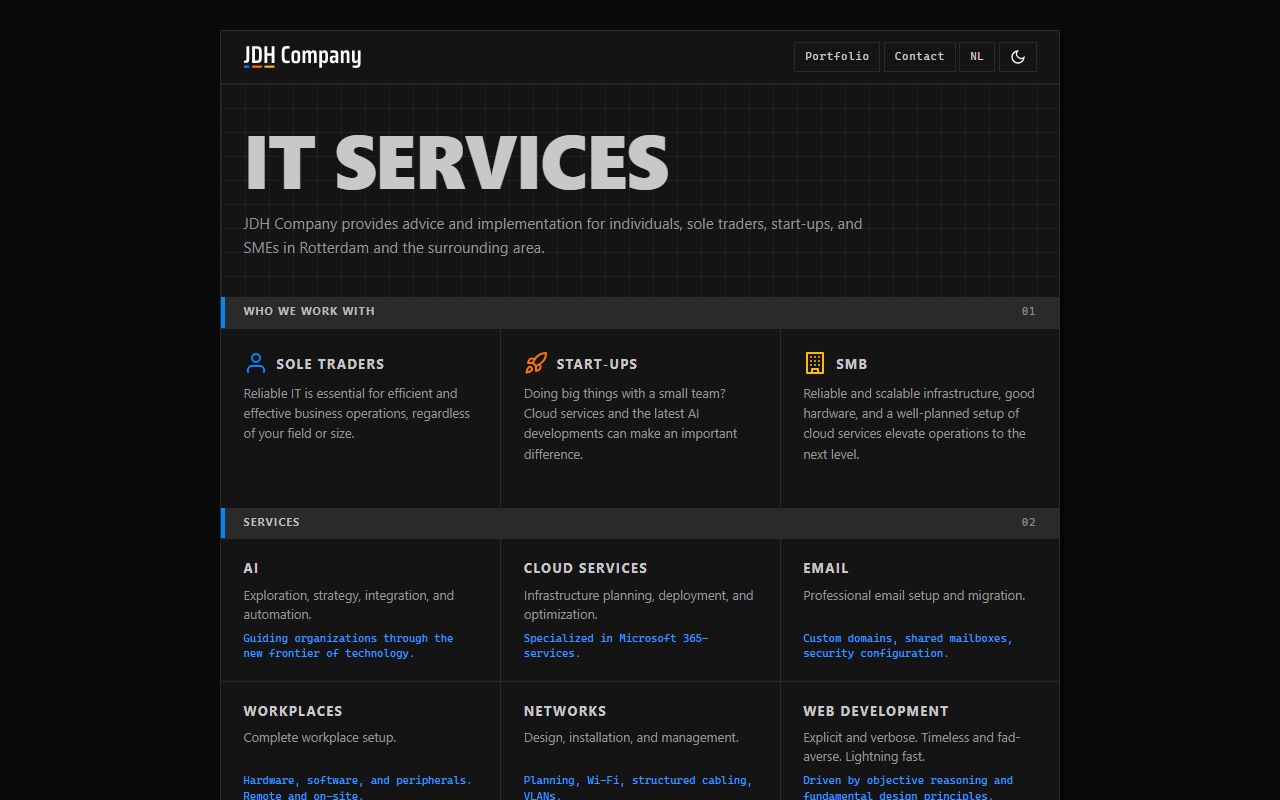 JDH Company — dark theme